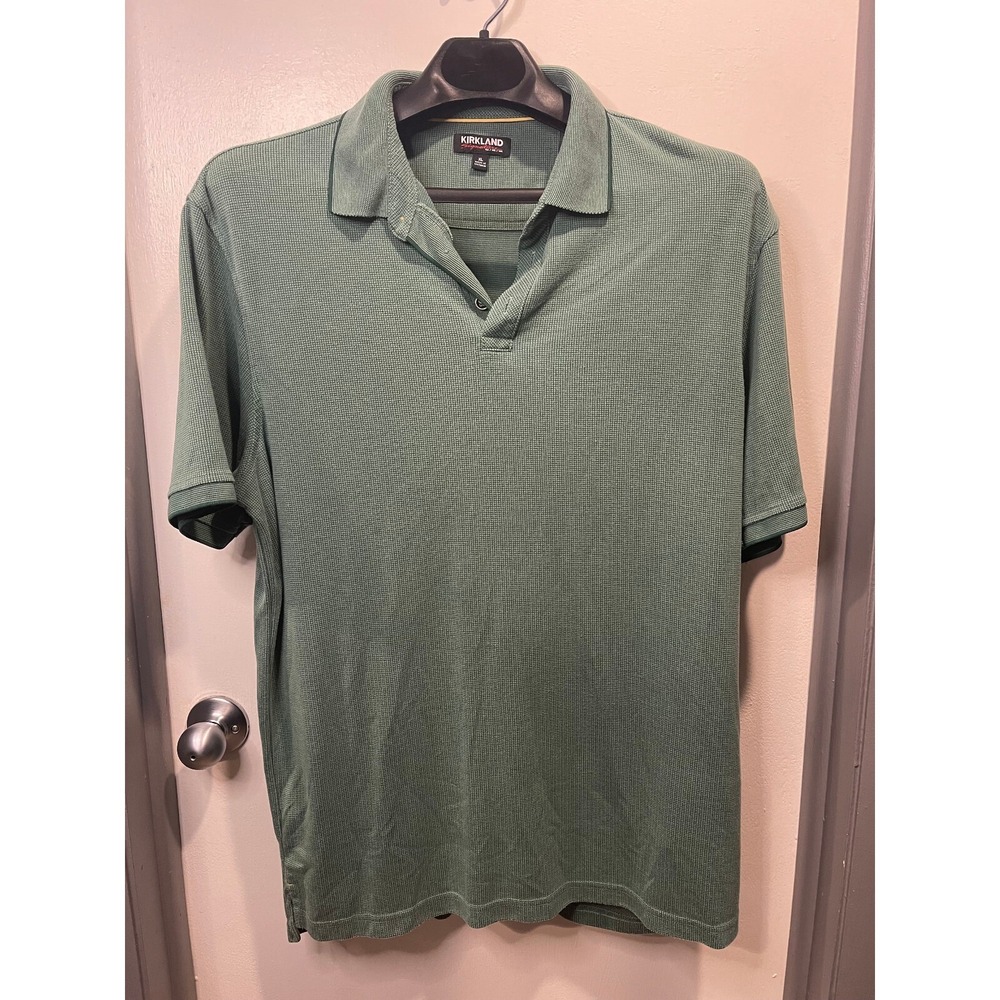 Kirkland Signature Mens XL Sage Green Micro Textured Waffle Knit Polo Shirt